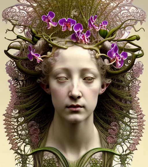 Image similar to beautiful orchid fairy detailed realistic porcelain face portrait by jean delville, gustave dore, iris van herpen and alphonse mucha, art forms of nature by ernst haeckel, art nouveau, symbolist, visionary, gothic, neo - gothic, pre - raphaelite, fractal lace, intricate alien botanical biodiversity, surreality, hyperdetailed ultrasharp octane render