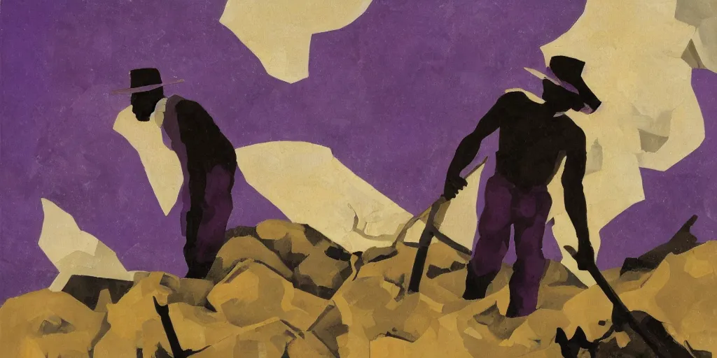 Image similar to old black man holding pick axe in hand, shades of purple, oil painting by aaron douglas,