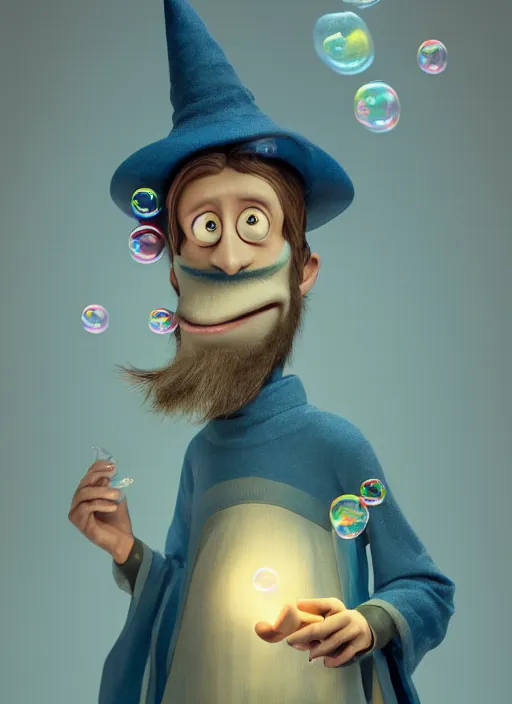 Prompt: an anthropomorphic beautiful male wizard blowing giant bubbles wearing blue robe, fine art, award winning, intricate, elegant, sharp focus, octane render, hyperrealistic, wizard hat cinematic lighting, highly detailed, digital painting, 8 k concept art, art by jamie hewlett and z. w. gu, masterpiece, trending on artstation, 8 k