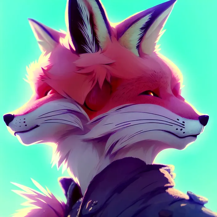 Image similar to a beautiful headshot portrait of a cute anime male fox boy with pink fur and green eyes. character design by cory loftis, fenghua zhong, ryohei hase, ismail inceoglu and ruan jia. artstation, volumetric light, detailed, photorealistic, fantasy, rendered in octane