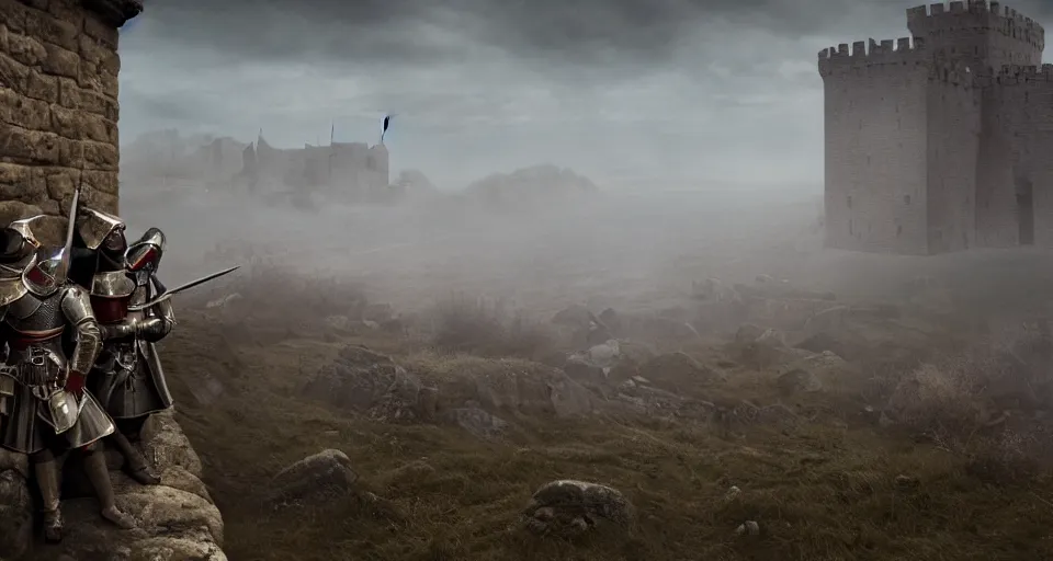 Image similar to ten medieval soldiers atop a castle wall looking over a vast medieval kingdom rule by an evil king. the soldier is ready for battle. it is a somber morning. death is close. prepare for battle. mist, epic, cinematic, volumetric lighting, symmetry, fantasy style, highly - detailed, unreal 5, realism