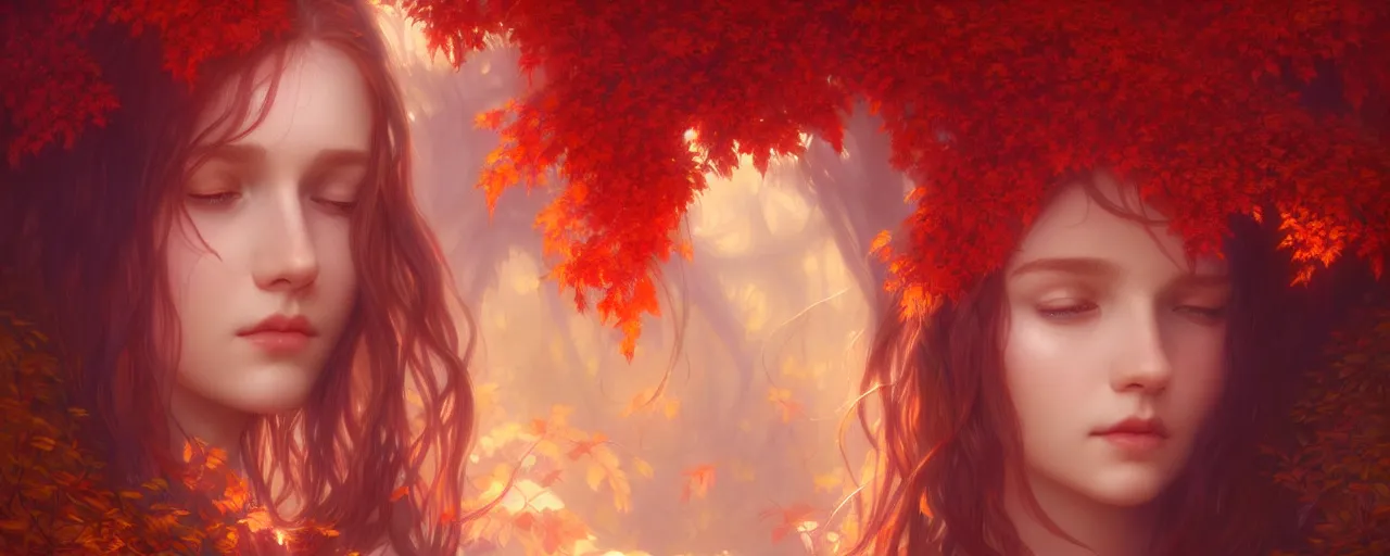 Prompt: girl with with hair becoming autumn red leaves trees, intricate, dreamy, digital painting, artstation, concept arti, unreal engine 5, 8 k, art by artgerm and greg rutkowski and alphonse mucha