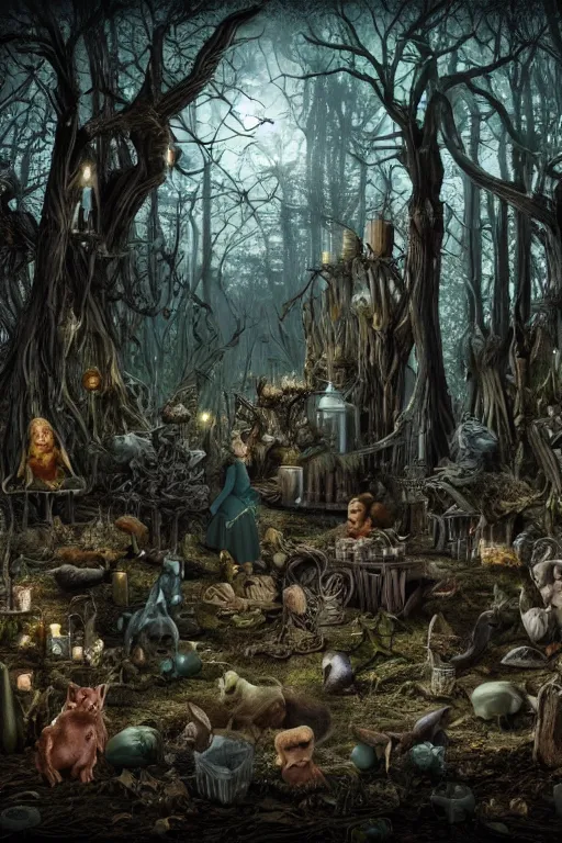 Prompt: a witch's atelier in a dark forest, with several broken statues of animals, HD, 4k, 8k, incredibly detailed, intricate, ominous, masterpiece,