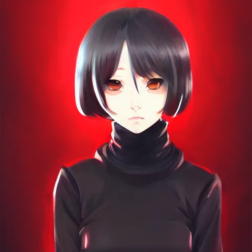 Image similar to anime girl in dark red turtleneck, black coat, elegant, 2d, ultra highly detailed, digital painting, smooth, sharp focus, artstation, portrait art by Ilya Kuvshinov