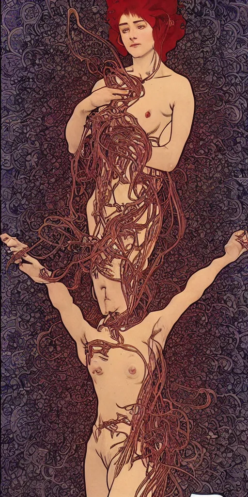 Image similar to a woman splits open and hundreds of centipedes crawl from her wounds, 8 k, ultra realistic, moebius alphonse mucha, junji ito,