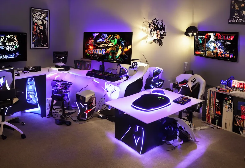 Prompt: michael jackson hardcord gaming, gamer room, gamer lights