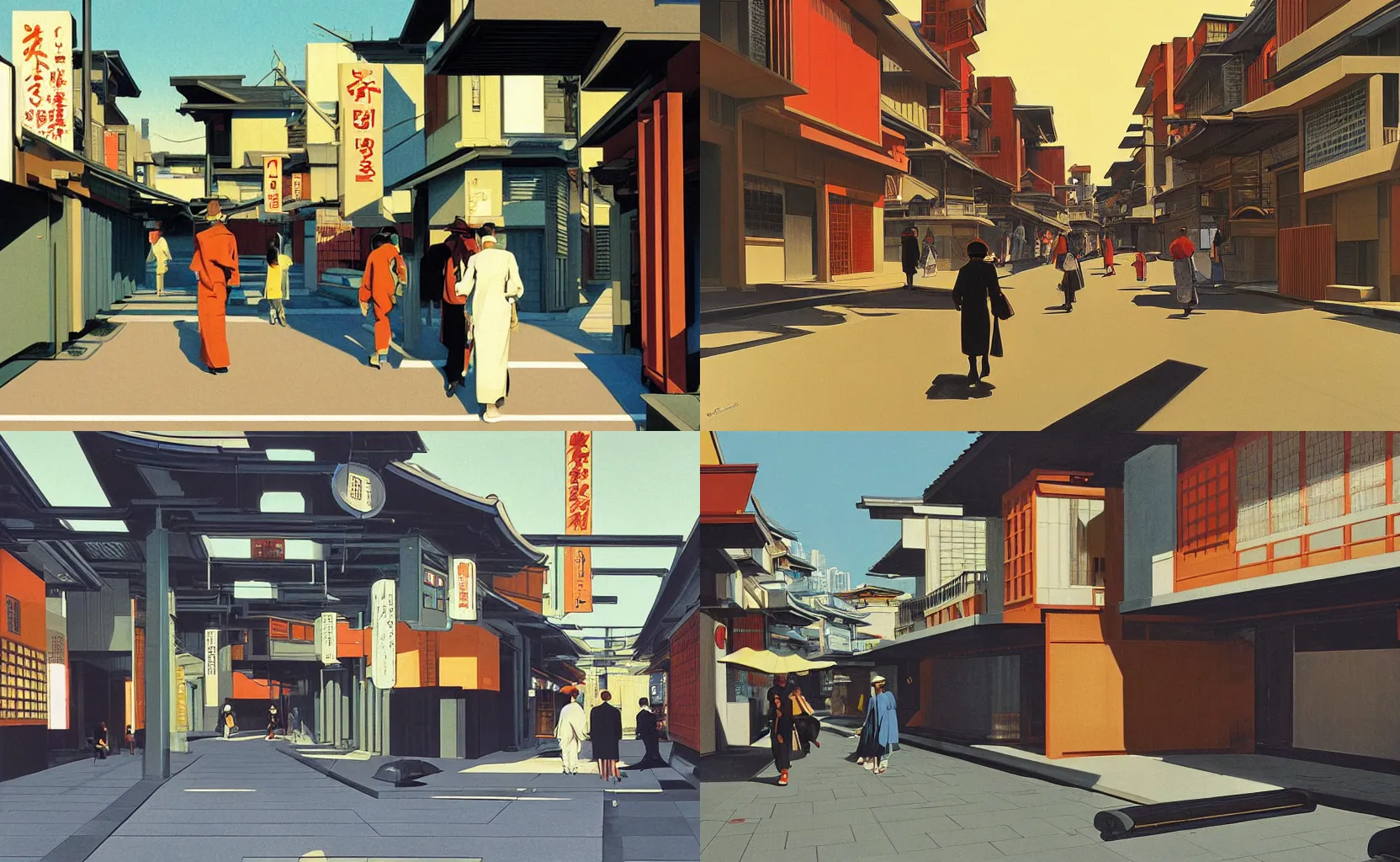 Prompt: a futuristic street in Kyoto, painting by Syd Mead and Edward Hopper