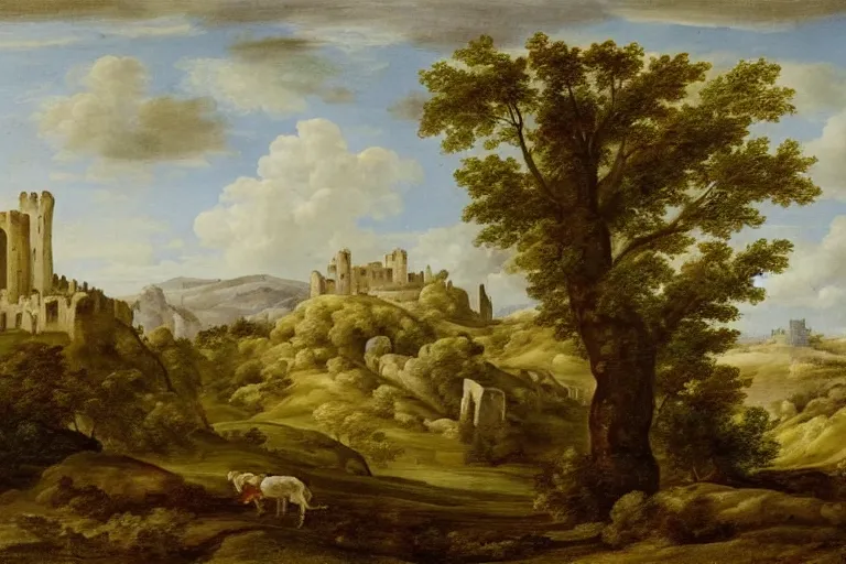 Image similar to pastoral landscape with ruined castle in the background by claud lorrain, french 1 6 0 0 - 1 6 8 2