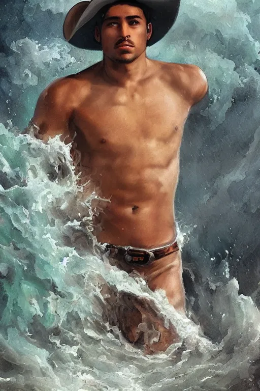 Prompt: a dramatic, ethereal painting of a handsome brown shirtless cowboy | background is a torrential flooding river | tarot!! card, art deco, art nouveau | by Mark Maggiori | trending on artstation