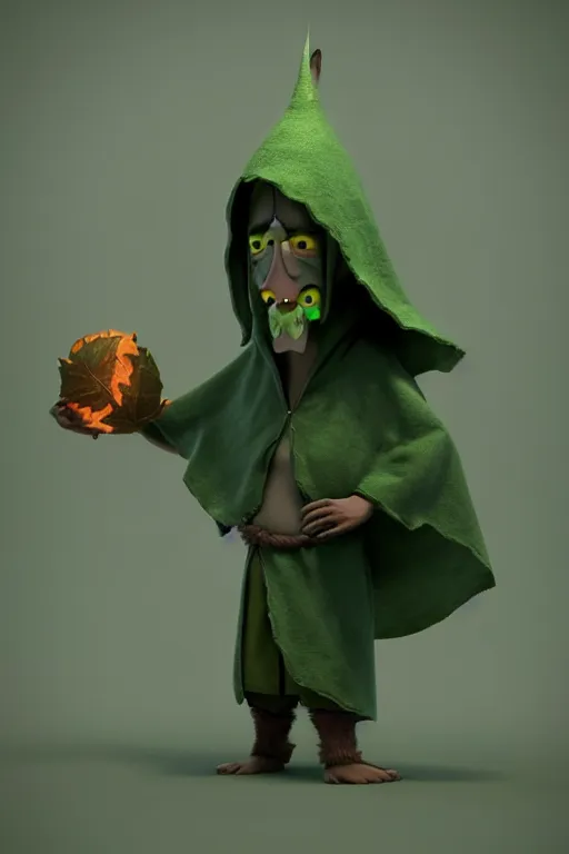 Image similar to A cute shaman from a Pixar movie with no nose, glowing eyes and a very long hooded dark green cloak of leaves by Julien Kaspar, 3D render, stylized, Cycles Render