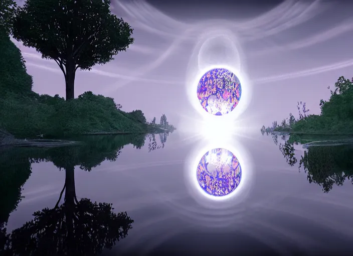 Image similar to glowing transparent crystal ball on a beautiful lake, radiant light, tree of life inside the ball, intricate details, reflections on the water, ripples, moody sky, hyperdetailed illustration by mark brooks, by yuumei, unreal engine 5, low light