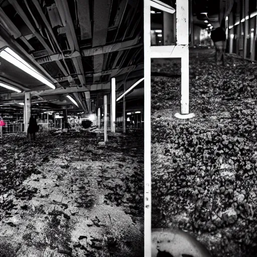 Image similar to a ransacked grocery store, broken signs, filthy flooring. Vines growing. Jpeg artifacts. Award-winning photo. Samyang/Rokinon Xeen 50mm T1.5