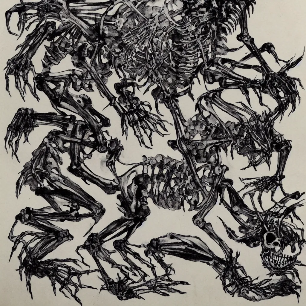 Prompt: chinese ink painting of a skeleton monster