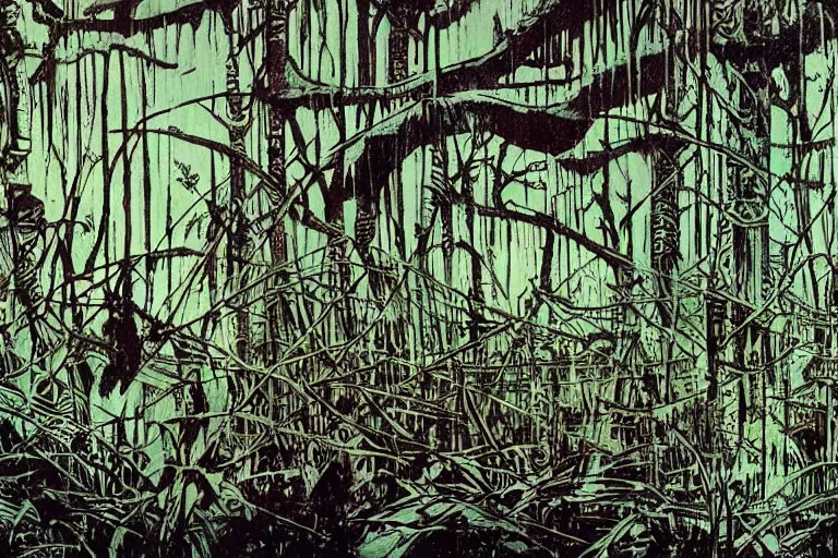 Image similar to scene from louisiana swamps, true detective, artwork by philippe druillet