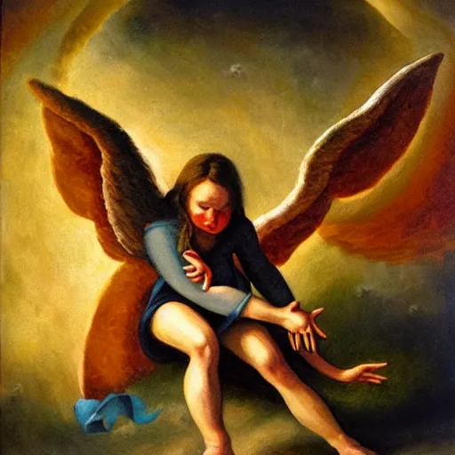 Prompt: A demon being stepped on by an angel, oil painting