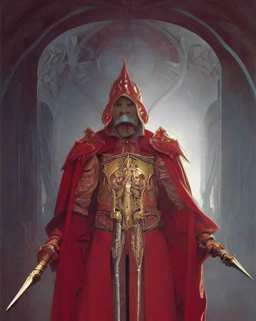 Prompt: A Full View of a Red Wizard wearing a robe and ornate armor. Mage. Magus. Jack of all trades. masterpiece 4k digital illustration by Ruan Jia and Mandy Jurgens and Artgerm and greg rutkowski and Alexander Tsaruk and WLOP and william-adolphe bouguereau, award winning, Artstation, art nouveau aesthetic, Alphonse Mucha background, intricate details, realistic, panoramic view, Hyperdetailed, 8k resolution, intricate art nouveau