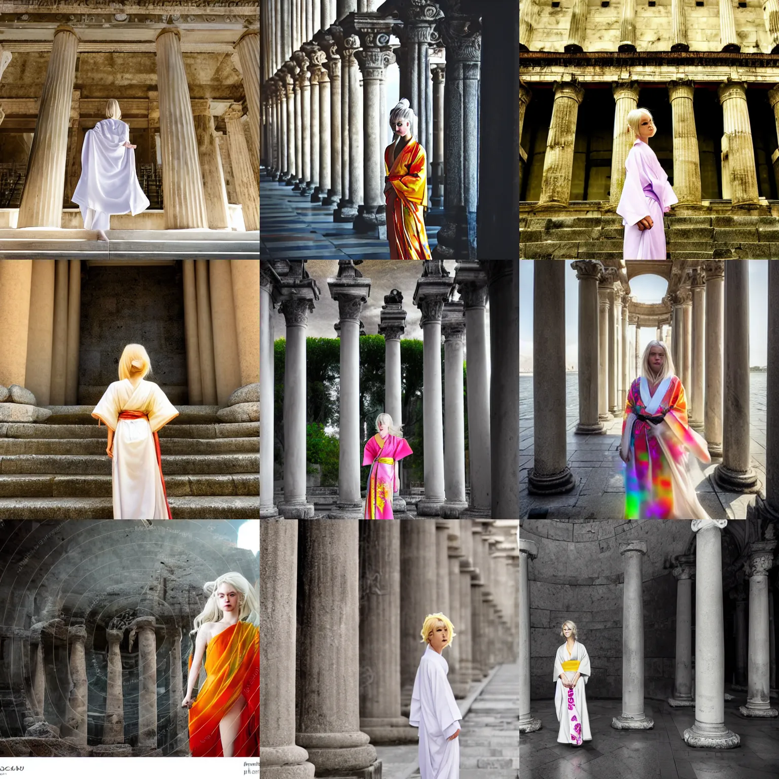 Prompt: stunning, breathtaking, awe - inspiring award - winning photo, extremely moody lighting, 8 k, an attractive beautiful blonde white fairy wearing a colorful yukata in front of roman columns