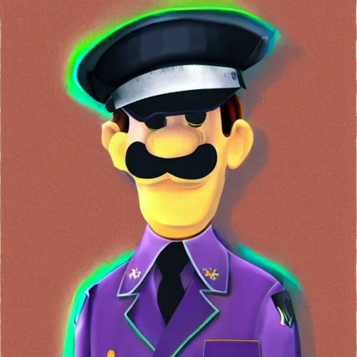 Image similar to Waluigi as a police officer pulling you over during the rain storm. Digital Art, Wario-cop partner is staring at you, sinister lighting