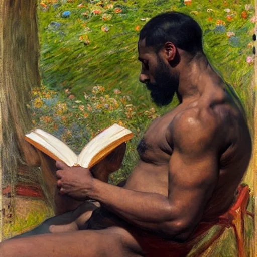 Prompt: attractive man with dark skin reading a book, painting by tom of finland, john william waterhouse, claude monet