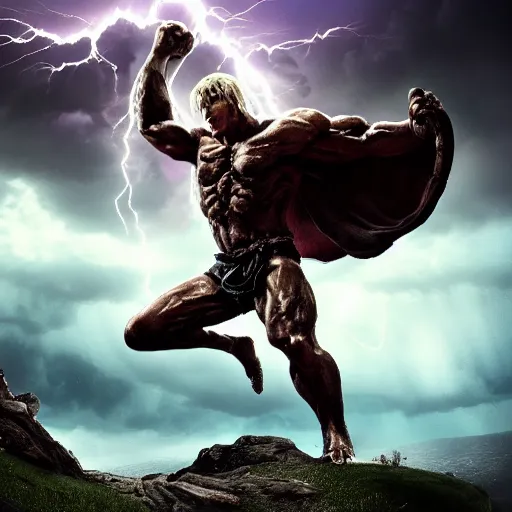 Image similar to a very weak nerd person destroys a God, godrays, epic fights, dramatic poses and scenery, thunderstorm, rtx on, cinematic, movies you do not want to miss, a powerful being losing to a weakling, amazing effects, 4k UHD, Award winning photograph, extremely highly detailed majestic hi-res beautiful