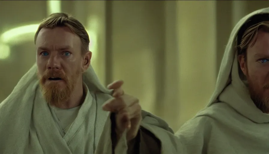 Image similar to Obi-wan Kenobi in the film trainspotting, cinematic lighting, close-up, cinematography,