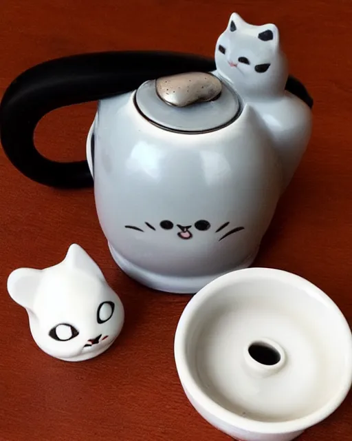 Image similar to a creepy white tea kettle shaped like a cat with a little porcelain gray mouse on the tip of it's spout