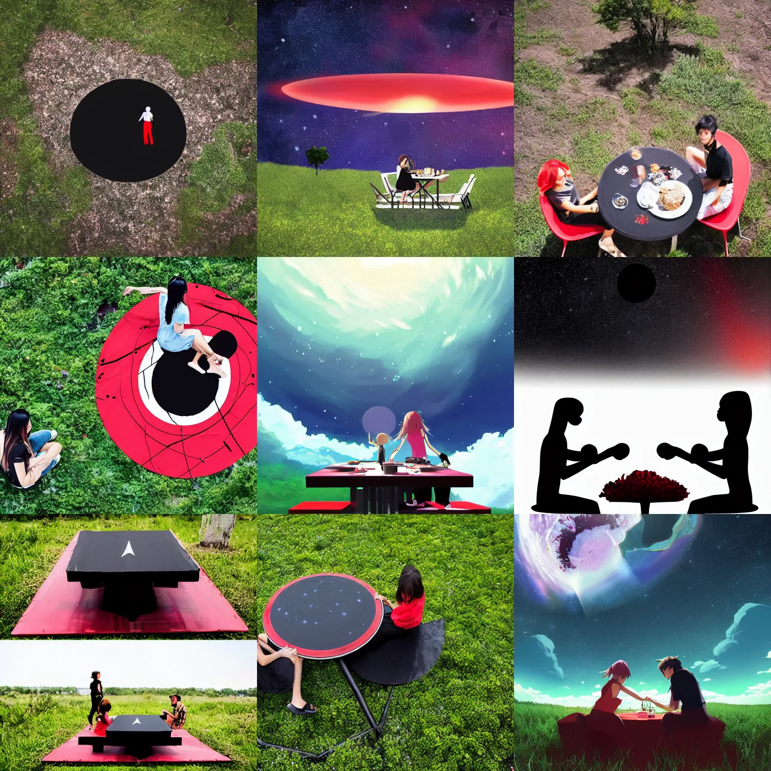 Prompt: black vibrant style two people stuck on a tiny asteroid overlooking a black hole after the destruction of earth space nebula stars makoto shinkai ecretion disc picnic table red and white table cloth short grass