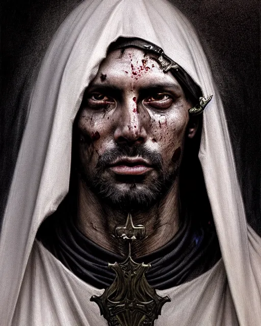 Prompt: realistic wide angle portrait of a handsome bishop, dark, dark magic, heroic pose, beautiful face, full body, dramatic lighting, dark and horror, dust and blood, intricate, wild, highly detailed, digital painting, artstation, concept art, smooth, sharp focus, illustration, art by artgerm and greg rutkowski and alphonse mucha, footage from space camera