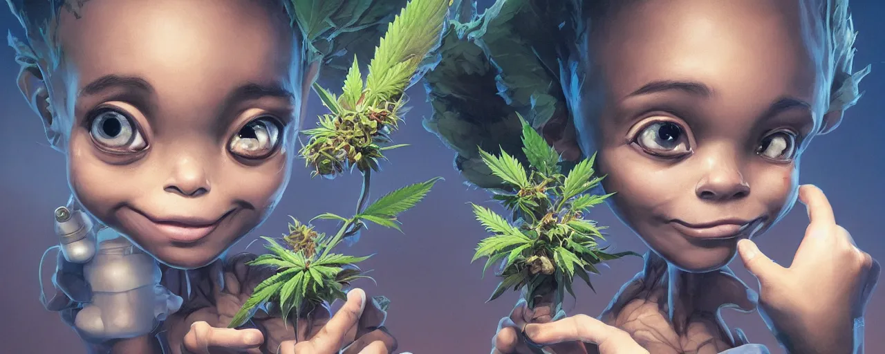 Image similar to portrait smiling round cute face cannabis!!, big eyes, marijuana!, baby groot, realistic shaded perfect face, cinematic volumentric lighting, jim cheung, david marquez, mike deodato jr, behance hd by jesper ejsing, by rhads, hyper detailed, octane render, concept art, artstation