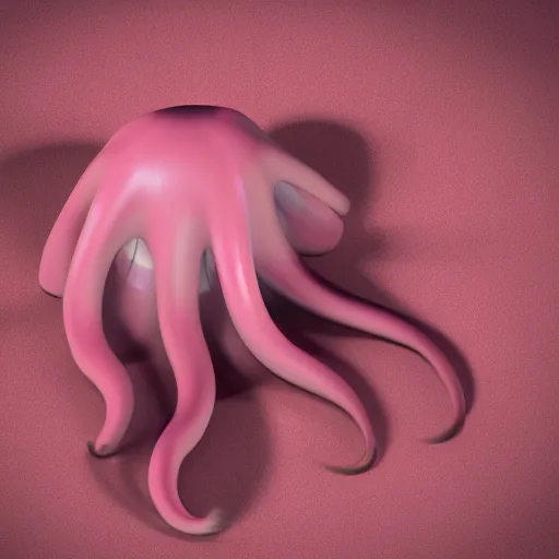 Image similar to isometric view of pink giant octopus tentacles sqeezing through door. cartoonish, 3 d, arnold render