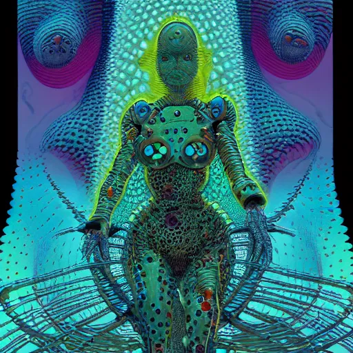 Prompt: sleek highly evolved biomechanical nubile borg queen hybrid dotted with small fractal lichens being possessed by the machine spirit, artists mœbius and philippe caza with beryl cook and jack kirby, high contrast cinematic light, mystical shadows, sharp focus, octane render