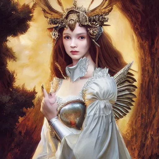 Image similar to A masterpiece ultrarealistic ultradetailed portrait of a Incredibly beautiful angel armored princess knight with Iron mask. baroque renaissance girl in the forest. medium shot, intricate, elegant, highly detailed. trending on artstation, digital art, by Stanley Artgerm Lau, WLOP, Rossdraws, James Jean, Andrei Riabovitchev, Marc Simonetti, Yoshitaka Amano. background by James Jean and Gustav Klimt, light by Julie Bell, 4k, porcelain skin. BY ZDIZISLAW BEKSINSKI Cinematic concept art Greg Rutkowski.