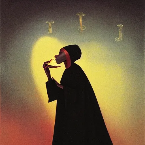 Image similar to a black nun wearing shiny jewelry, she's smoking a cigar and puffing smoke, by Beksinski, star-shaped lens flare