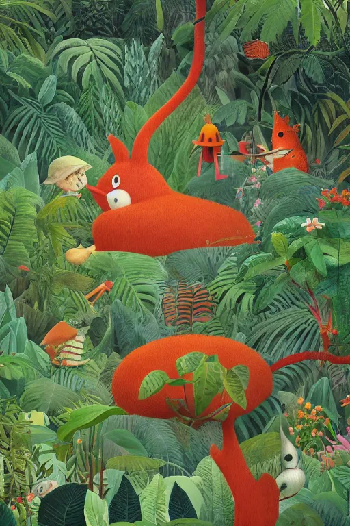 Image similar to rare bird in the jungle, highly detailed, unreal engine render concept art, style of henri rousseau and richard scarry and hiroshi yoshida