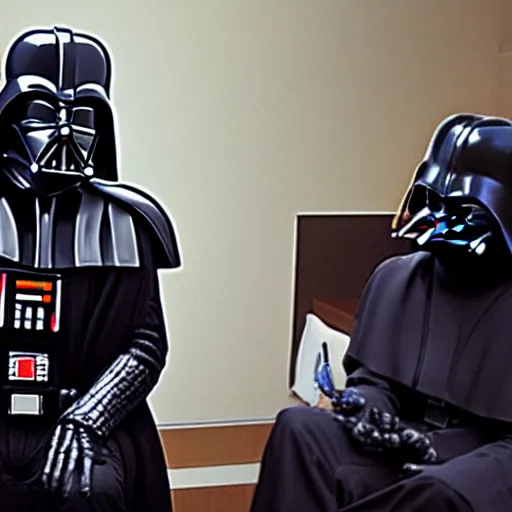 Prompt: Darth Vader going to therapy, sitting on the couch with the therapist taking notes