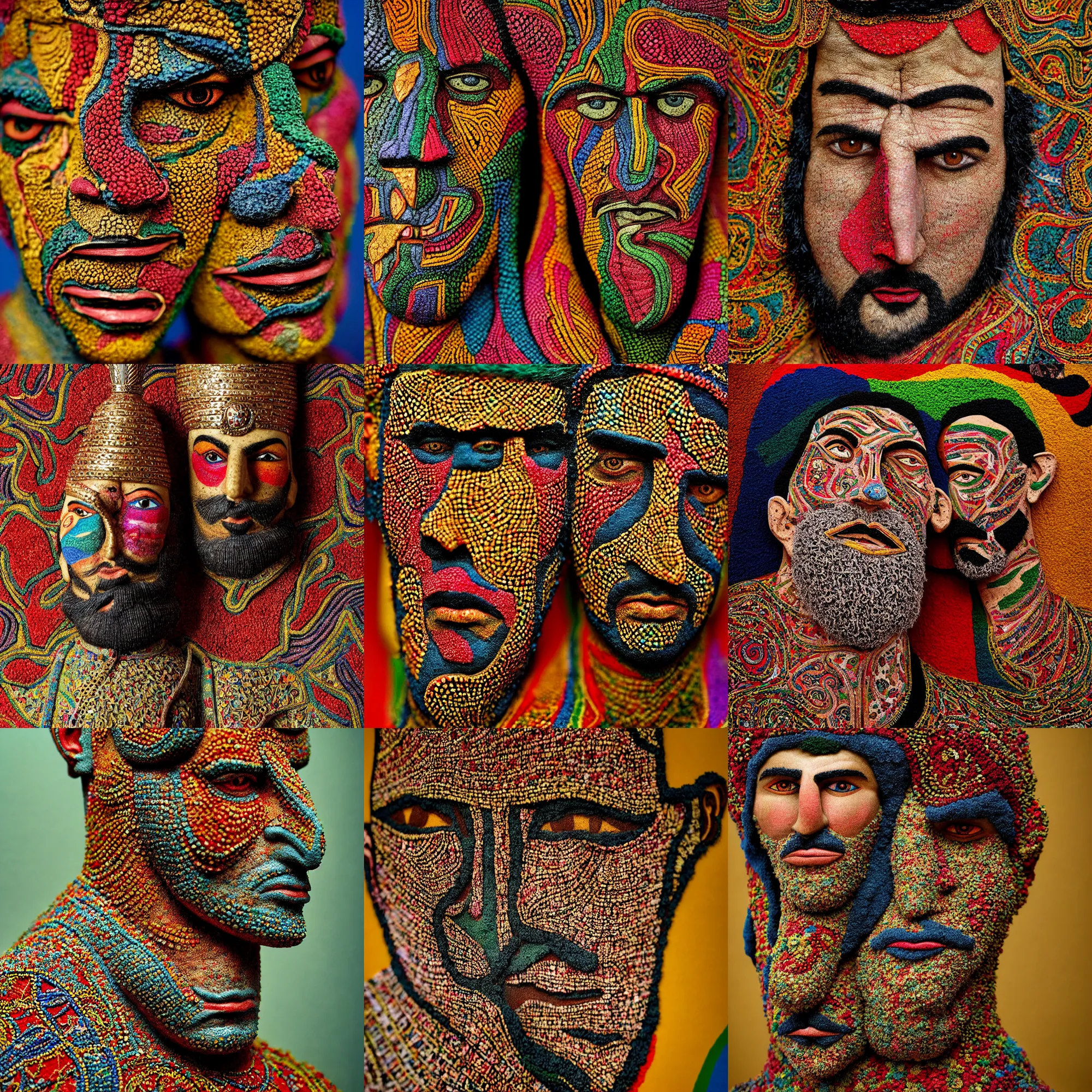 Prompt: close up portrait of a contemporary carpeted figure of a Iranian warrior, anatomically correct, colourful, lots of detail, depth of field, intricate, delicate, by Jonas Jensen, Magnum photos