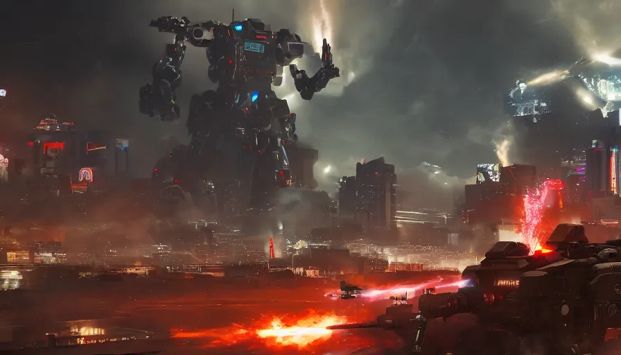 Image similar to cinematographic shot of a giant robot destroying las vegas while army firing at it, night, hyperdetailed, artstation, cgsociety, 8 k