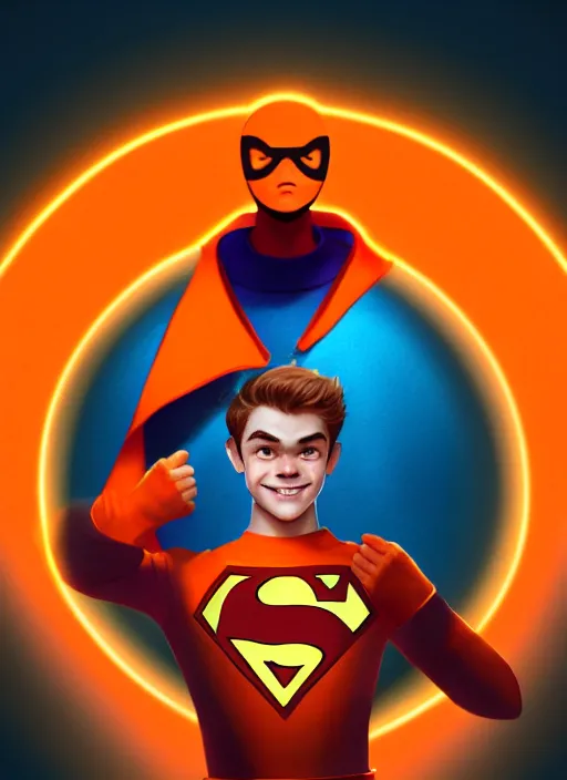 Prompt: kind teenage archie andrews wearing an orange superhero costume, superhero costume with heart emblem, intricate, elegant, glowing lights, highly detailed, digital painting, artstation, sharp focus, illustration, art by wlop, mars ravelo and greg rutkowski