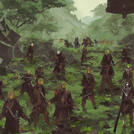 Prompt: an army of samurai standing in the ruins of a destroyed monastery, they are in a jungle with vines everywhere, digital art, artstationhq