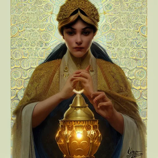 Image similar to the golden lamp Ormal during the spring of Arda, highly detailed, digital painting, artstation, concept art, sharp focus, illustration, art by artgerm and greg rutkowski and alphonse mucha