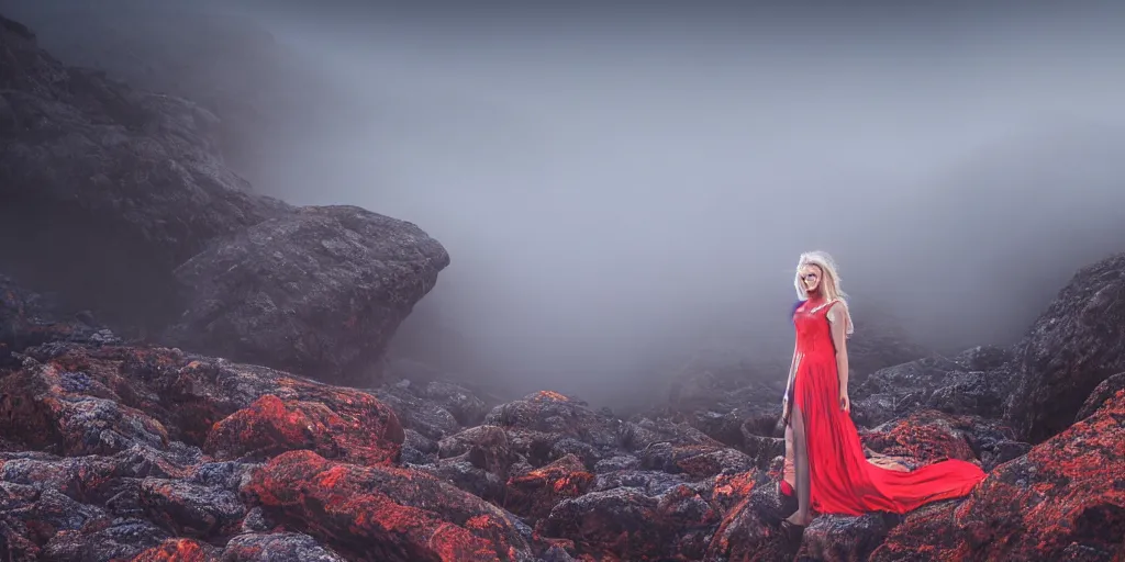 Prompt: a blonde teenage girl in a floor length red dress stands amidst a rocky landscape lit by an eerie blue light surrounded by mist