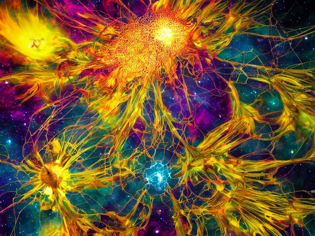 Prompt: Firing synapses, helianthus flowers, interconnections, cracking glass through reality, suns and supernovas, spider webs, dreamcatchers, honey and bee hive, cosmic trees, magenta flames, galaxies, doors of perception, HD wallpaper, fluid electricity, Nielly