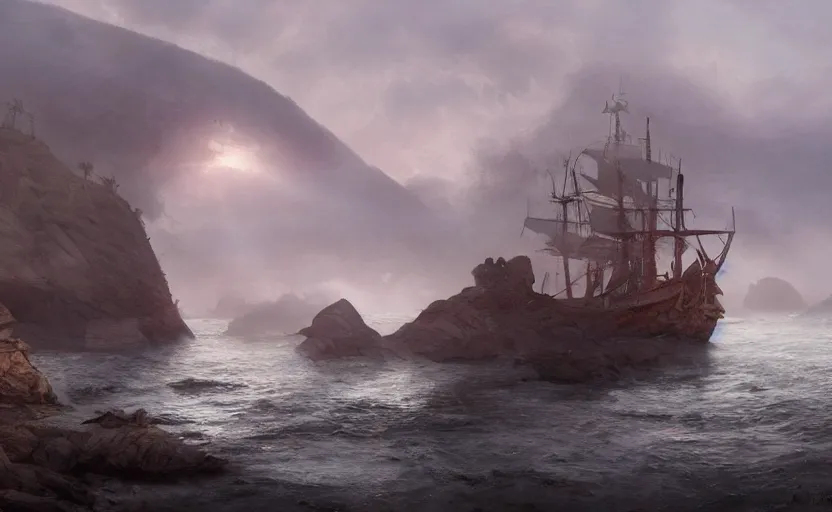 Prompt: old wooden pirate ship, directed by charlie kaufman ( 2 0 0 1 ) anamorphic lenses, a rocky shore in the foreground, foggy volumetric light morning, a beam of light from the heavens, cinematic trending on artstation in the style of greg rutkowski