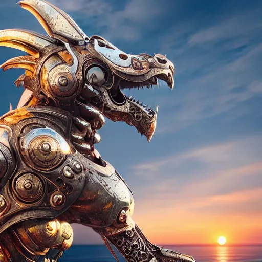 Image similar to a highly detailed beautiful majestic anthropomorphic robot female dragon, with smooth and streamlined mechanical armor, standing and posing elegantly on a beach, well detailed head with LED eyes, with sharp claws on her hands and feet, two arms, two legs, long tail, artstation, DeviantArt, professional, octane render, sunset lighting