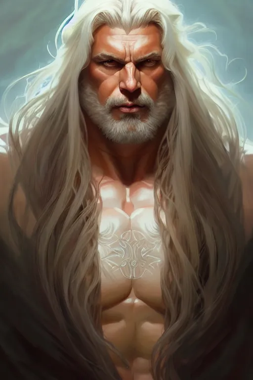 Prompt: big muscular man with long white hair, fantasy, amber eyes, face, long hair, intricate, elegant, highly detailed, digital painting, artstation, concept art, smooth, sharp focus, illustration, art by artgerm and greg rutkowski and alphonse mucha