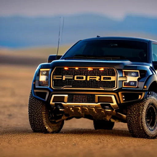Prompt: a highly detailed photo of an armored black ford raptor in alberta at sundown, 4 k high - resolution photograph, ultra detail, hd photo