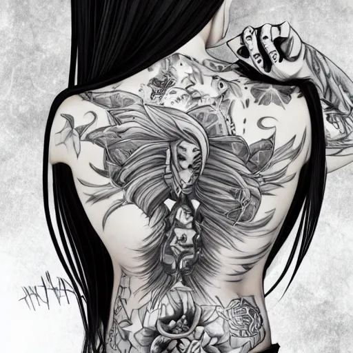 Image similar to muscular girl, long hair, tattooed back, HD, anime style,