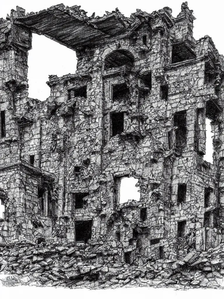 Image similar to A pen drawing of a dilapidated ancient castle building in the wood, by Juan Francisco Casas, high detailed