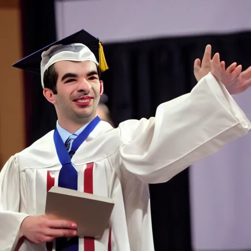 Image similar to nathan fielder graduating from one of canada's top business school with very good grades