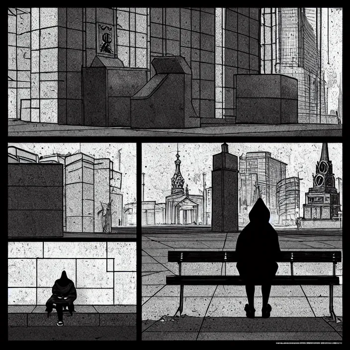 Image similar to sadie sink in a hoodie sits on a bench in a square, pedestrians walk past. background of old soviet monument. storyboard, scifi cyberpunk. by gabriel hardman, joe alves, chris bonura. cinematic atmosphere, detailed and intricate, perfect anatomy